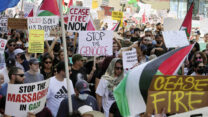 Demonstration of support for the Palestinians in Gaza in Los Angeles, where demonstrators carry signs accusing Israel of genocide. (Photo: AP/Damian Dovarganes)