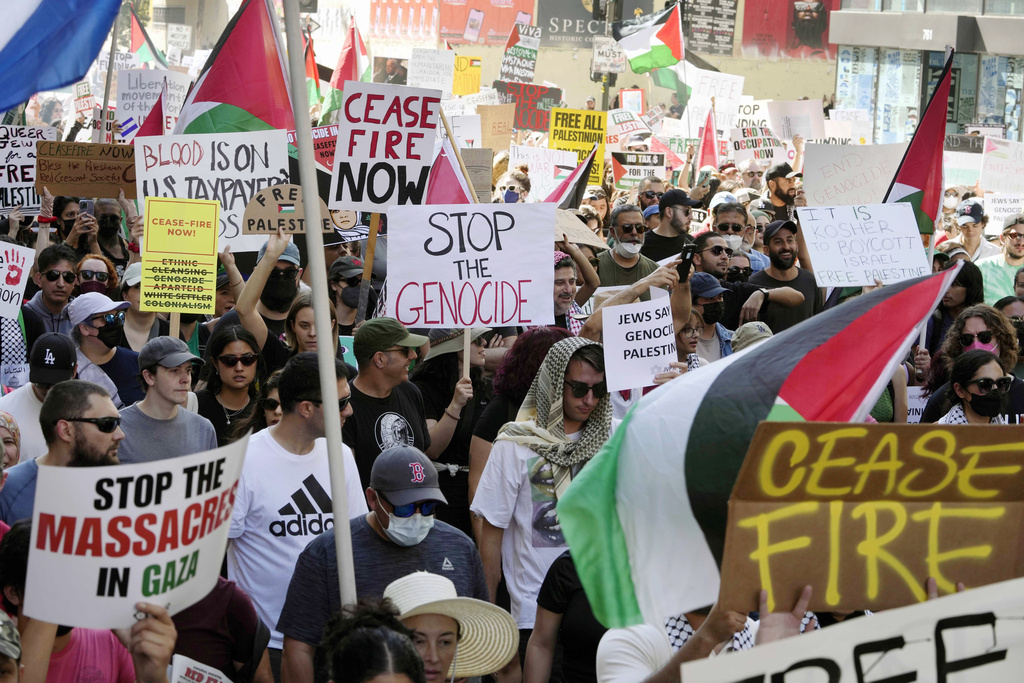 Demonstration of support for the Palestinians in Gaza in Los Angeles, where demonstrators carry signs accusing Israel of genocide. (Photo: AP/Damian Dovarganes)