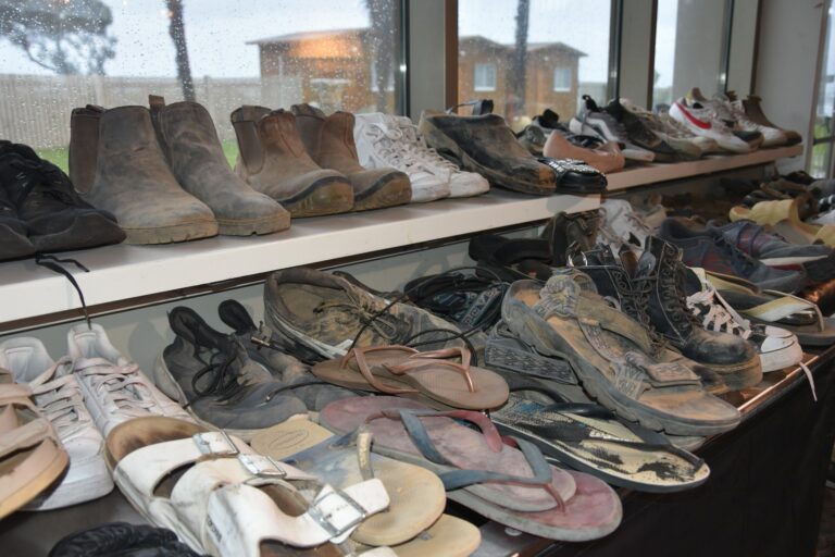 Shoes from the Re'im music festival. "All the items that arrive here have not been identified by the police and authorities and have not been sent home to the survivors and their families." (Photo: Hadas Yom Tov)