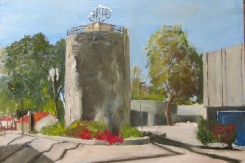 "מגדל המים בבארי" (ציור: אהוד פלד)