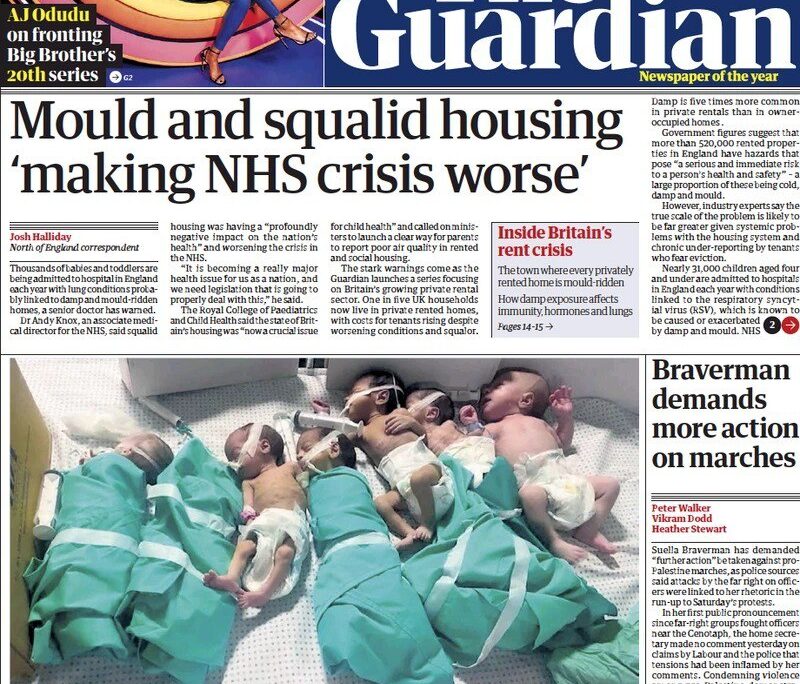 שער העיתון הבריטי 'הגרדיאן' מהיום (שני), המבליט את סבלם של תינוקות עזתים. &quot;חמאס שיגרו טיל על בית החולים שיפא כדי לייצר תמונות זוועה&quot;