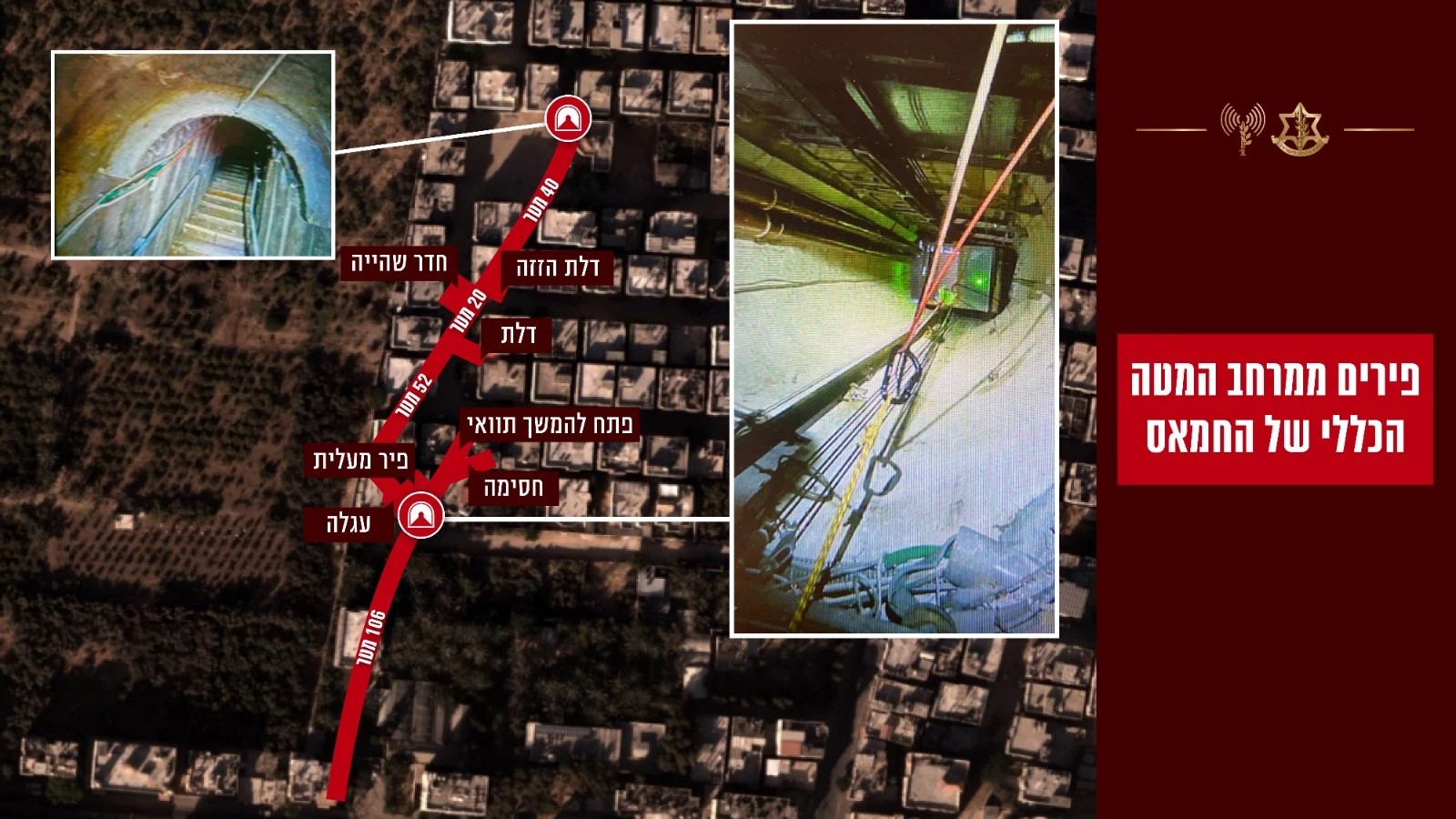 מנהרות המטה הכללי של חמאס בצפון רצועת עזה (צילום ותרשים: דובר צה"ל)