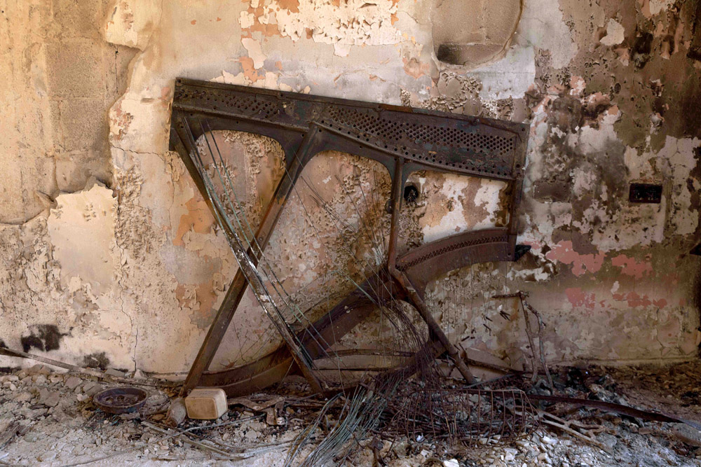 Remnants of the piano from the home of Yocheved and Oded Lifshitz. Yocheved was abducted on October 7 and subsequently released; Oded remains in captivity in Gaza (Photo: Cadia Levy).