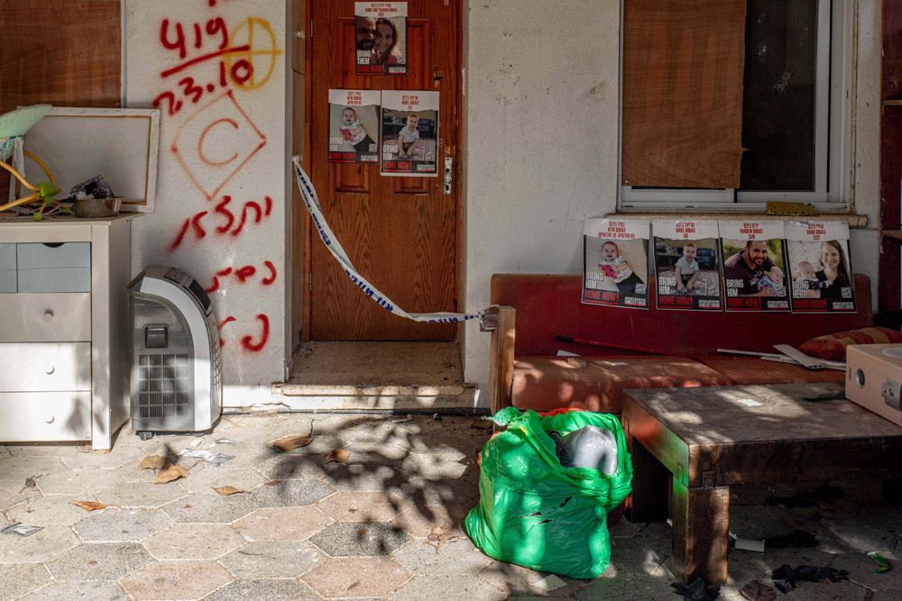 The entrance to the home of the Bibas family, all of whom remain in captivity in Gaza (Photo: Cadia Levy).