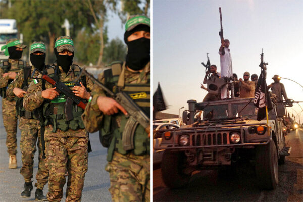 פעילי דאעש בעיראק (מימין) ופעילי חמאס ברצועת עזה (צילומים: AP Photo/Adel Hana, AP Photo)