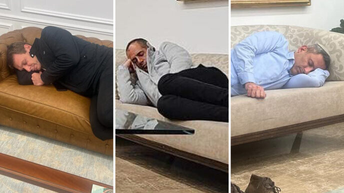 ראשי רשויות מהעוטף ישנים מול משרד ראש הממשלה בירושלים: אלון דוידי, ראש עיריית שדרות (מימין), איתמר רביבו, ראש מועצת חוף אשקלון, ותמיר עידאן, ראש מועצת שדות נגב (צילומים: מתוך רשתות חברתיות, שימוש לפי סעיף 27א לחוק זכויות יוצרים)