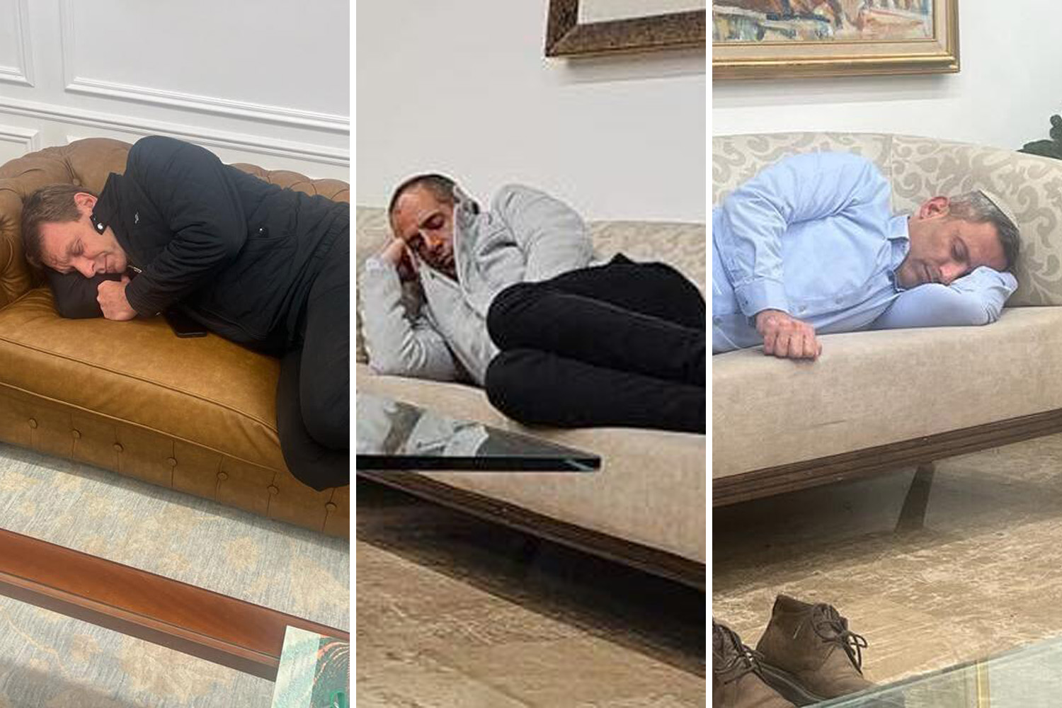 ראשי רשויות מהעוטף ישנים מול משרד ראש הממשלה בירושלים: אלון דווידי, ראש עיריית שדרות (מימין), שי חג'ג', ראש מועצת מרחבים, ותמיר עידאן, ראש מועצת שדות נגב (צילומים: מתוך רשתות חברתיות, שימוש לפי סעיף 27א לחוק זכויות יוצרים)
