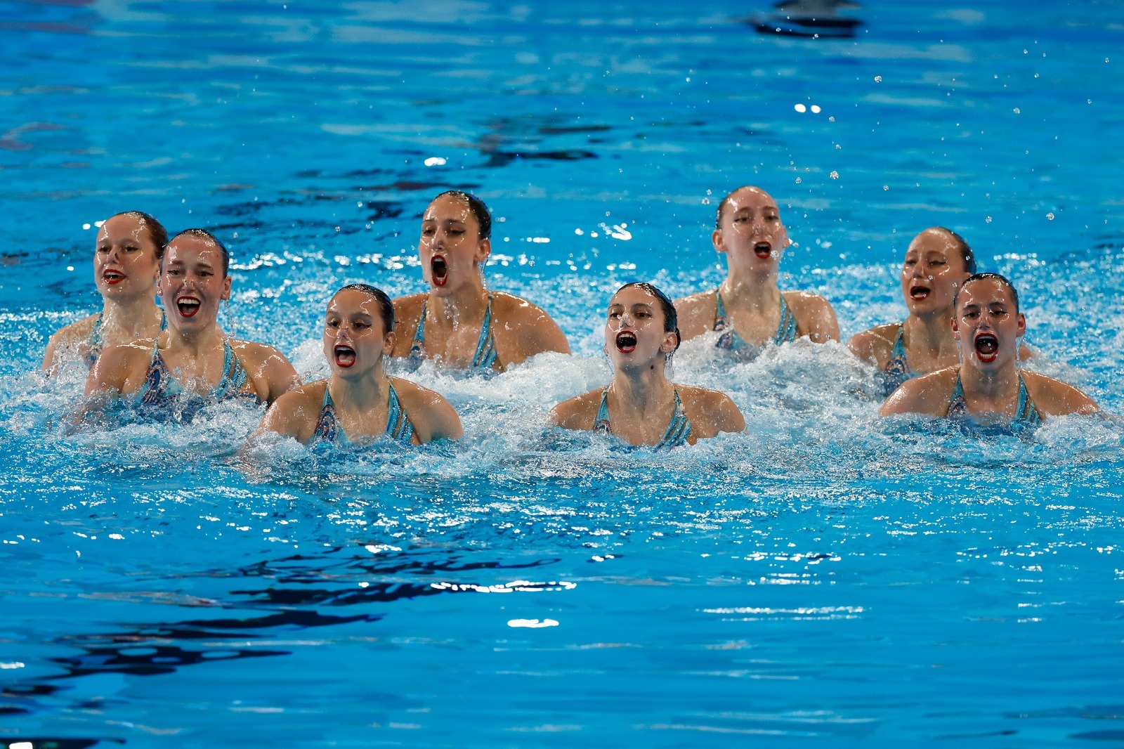 נבחרת ישראל בגמר התרגיל הקבוצתי טכני באליפות העולם בשחייה אומנותית (צילום: סימונה קסטרווילארי, איגוד השחייה)