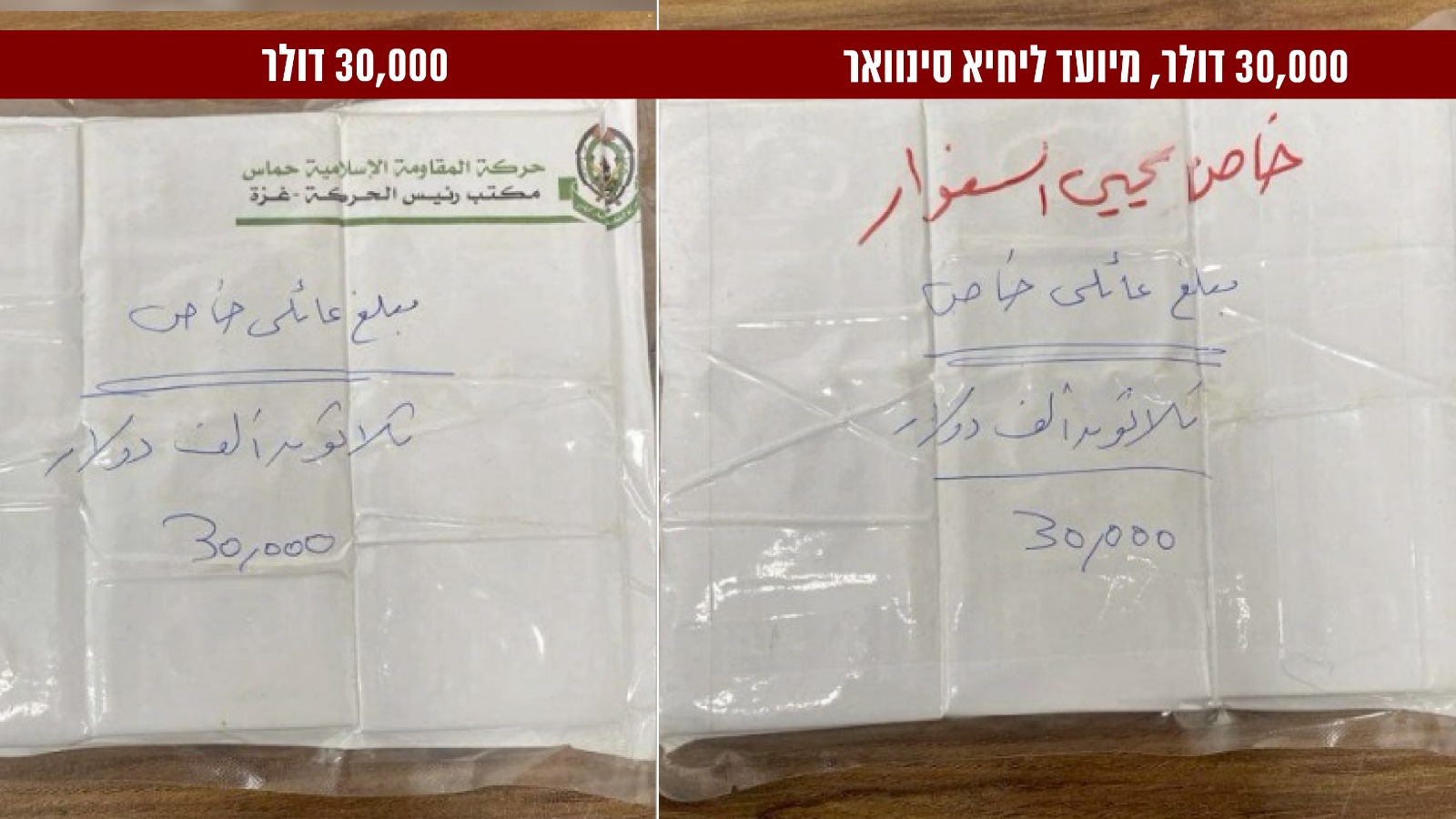 מעטפות כסף שמיועד לסינוואר (צילום: דובר צה"ל)