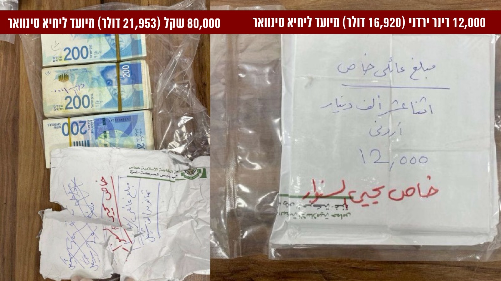 מעטפות כסף שמיועד לסינוואר (צילום: דובר צה"ל)