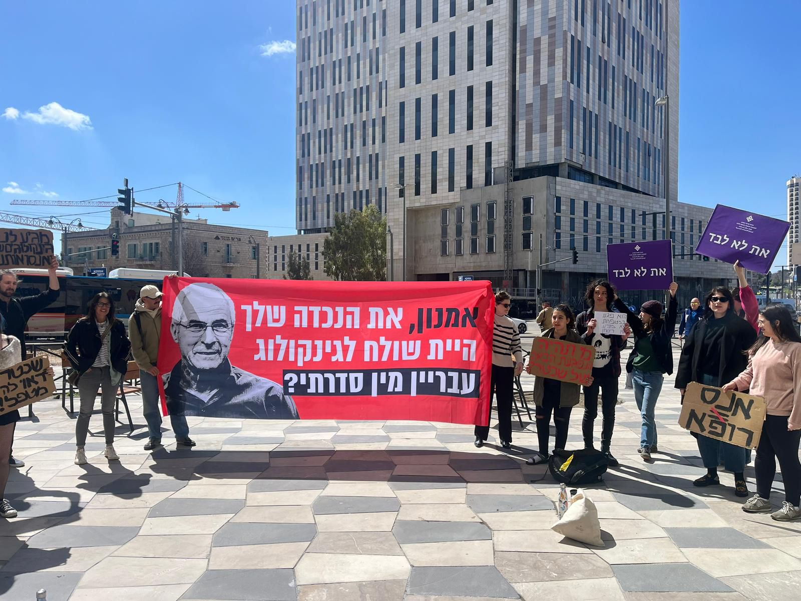 מפגינות מחוץ למשרד הבריאות בירושלים, נגד החזרתו של בני שכטר, גניקולוג שהורשע בעבירות מין במטופלות(צילום: סתיו ארנון, הודיה מויאל)