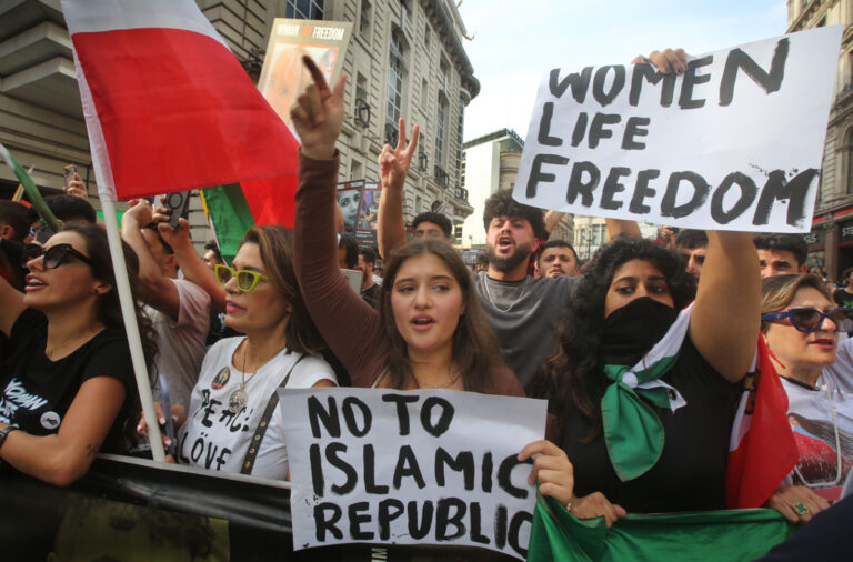 Demonstrators in London take part in a protest against the Islamic Republic on the anniversary of Mahsa Amini’s death. (Photo: Martin Pope/SOPA Images/Sipa USA)