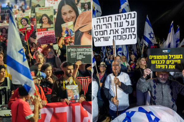 מימין: מפגינים בעד המשך המלחמה בירושלים; משמאל: מפגינים לקידום עסקה להחזרת החטופים (צילומים: יונתן זינדל, אריק מרמור/פלאש90)