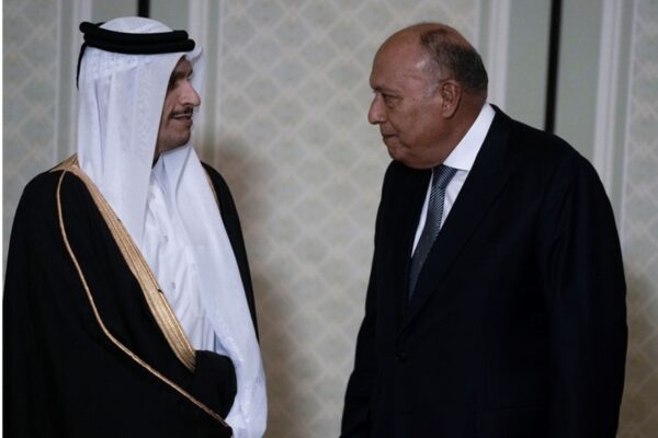 שר החוץ המצרי, סאמח שוקרי (מימין) משוחח עם שר החוץ הקטארי, שייח' מוחמד בן עבדולרחמן בן ג'סים אל-ת'אני (צילום: AP Photo/Amr Nabil)