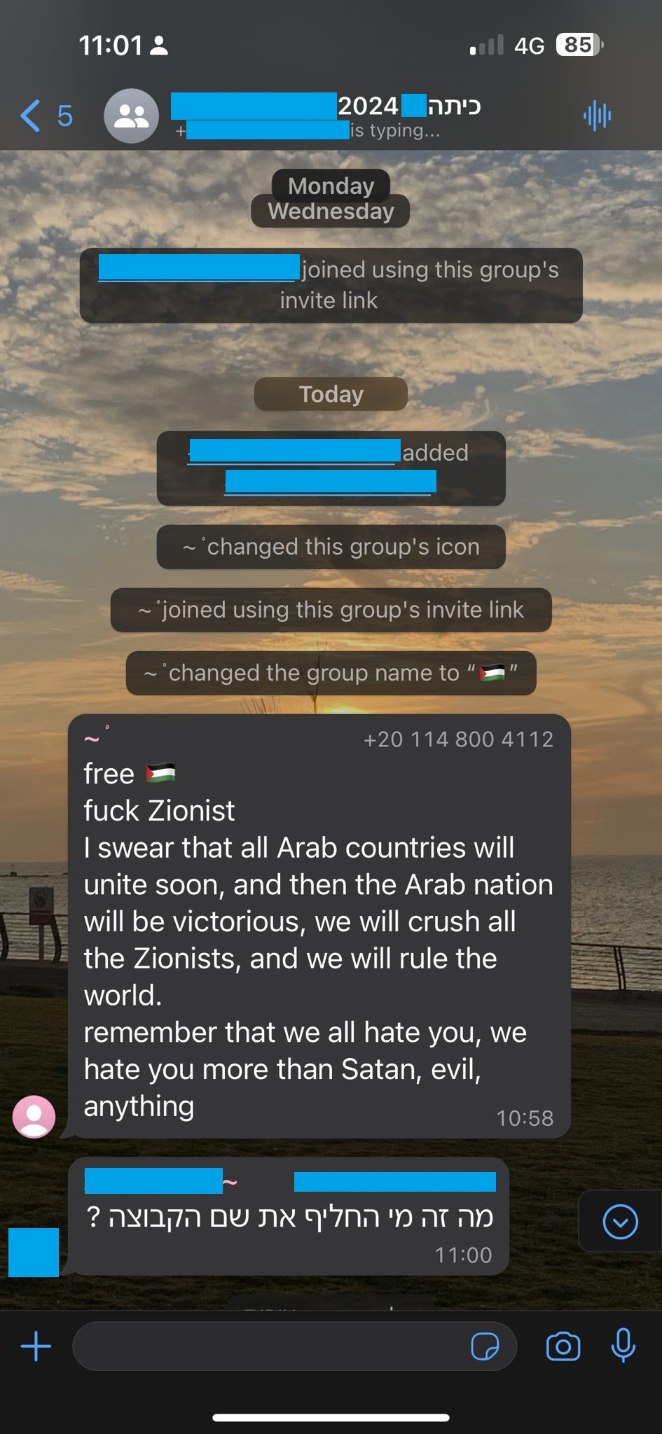 חדירת גורם אנטי-ישראלי לקבוצת ווטסאפ (צילום מסך)