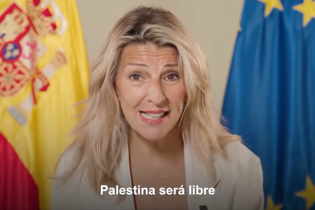 סגנית ראש ממשלת ספרד יולנדה דיאז, בהצהרה הקוראת "פלסטין תהיה חופשית מהנהר ועד הים" (צילם מסך מתוך רשתות חברתיות, שימוש לפי סעיף 27א' לחוק זכויות יוצרים)