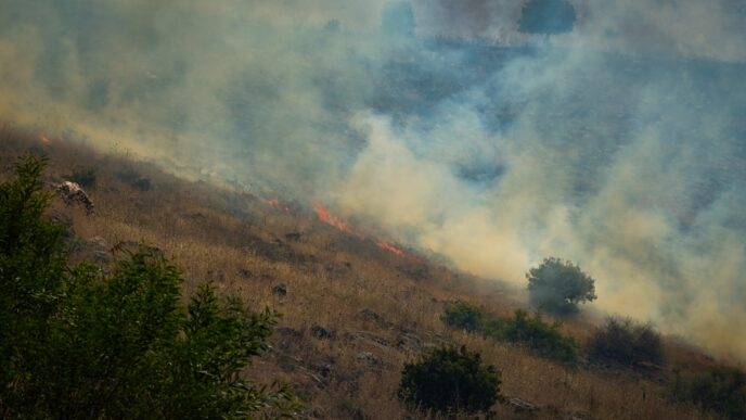 שריפה ליד קיבוץ עמיעד בגליל העליון, בעקבות מטח רקטות מלבנון (צילום: דוד טברסקי)