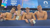 נבחרת השליחים 4x200 מטר חופשי: דניס לוקטב (מימין), בר סולבייצ'יק, איתן בן שטרית וגל כהן גרומי (צילום: סימונה קסטרווילארי, הוועד האולימפי בישראל)
