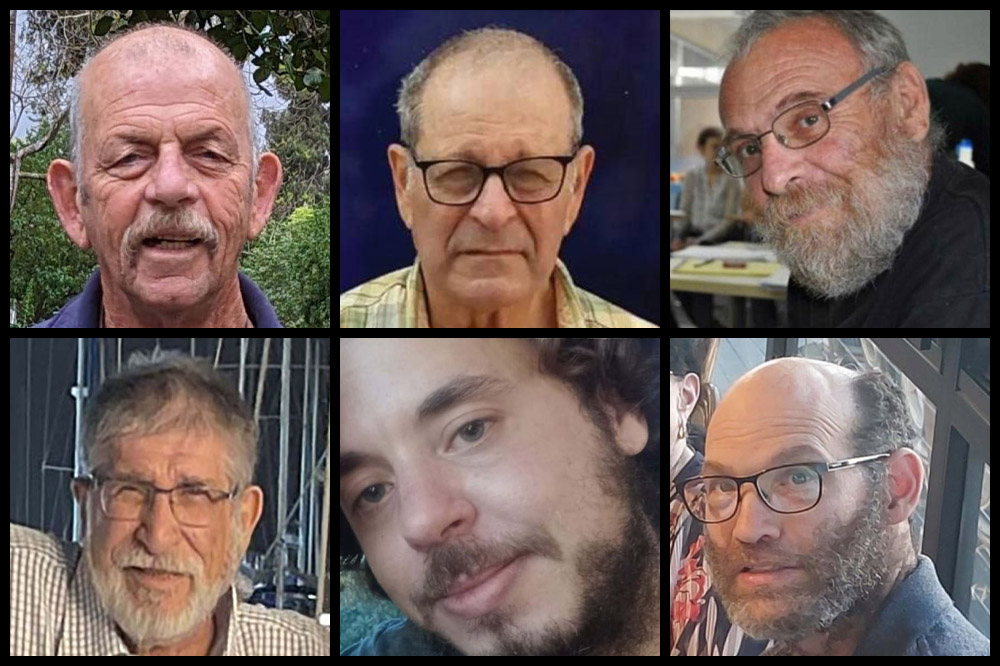 החטופים שגופותיהם חולצו מחאן יונס, מימין למעלה בכיוון השעון: אלכס דנציג, נדב פופלוול, יגב בוכשטב, יורם מצגר, חיים פרי ואברהם מונדר (צילומים: מטה החטופים והנעדרים) החטופים שגופותיהם חולצו מחאן יונס, מימין למעלה בכיוון השעון: אלכס דנציג, נדב פופלוול, יגב בוכשטב, יורם מצגר, חיים פרי ואברהם מונדר (צילומים: מטה החטופים והנעדרים)