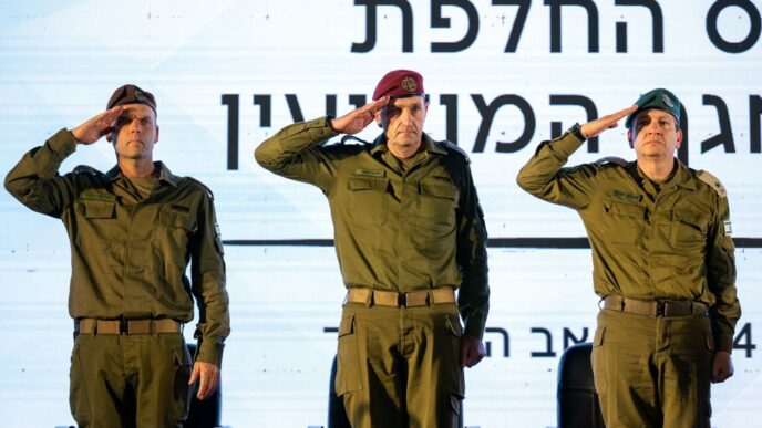 ראש אמ"ן הנכנס האלוף שלומי בינדר (מימין), הרמטכ"ל הרצי הלוי וראש אמ"ן היוצא האלוף אהרון חליוה, בטקס חילופי ראש אמ"ן (צילום: דובר צה"ל)