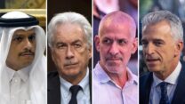 מימין לשמאל: ראש המוסד דדי ברנע, ראש השב"כ רונן בר ויליאם ברנס ראש הCIA, רה״מ קטאר א-תאני (צילומים: חיים גולדברג/פלאש90, AP Photo/Bilal Hussein/Mark Schiefelbein)