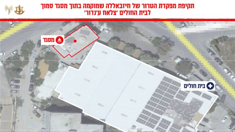 מסגד סמוך לבית חולים, בו פעלה מפקדת חיזבאללה שהותקפה על ידי צה"ל (צילום: דובר צה"ל)