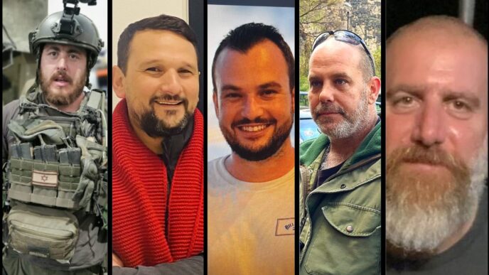 מימין: רס"ב גיא עידן ז"ל, רס"ב עמרי לוטן ז"ל, סרן אלון ספראי ז"ל, רס"ן דן מאורי ז"ל, ורס"ר תום סגל ז"ל (צילום: מתוך אתר צה"ל)