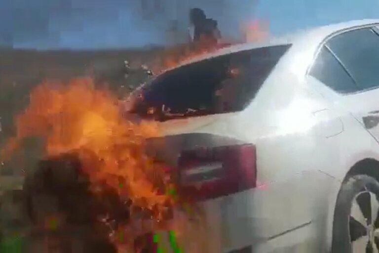 רכב פלסטיני עולה באש לאחר שהוצת עם חומר דליק (צילום: בשאר עיד)
