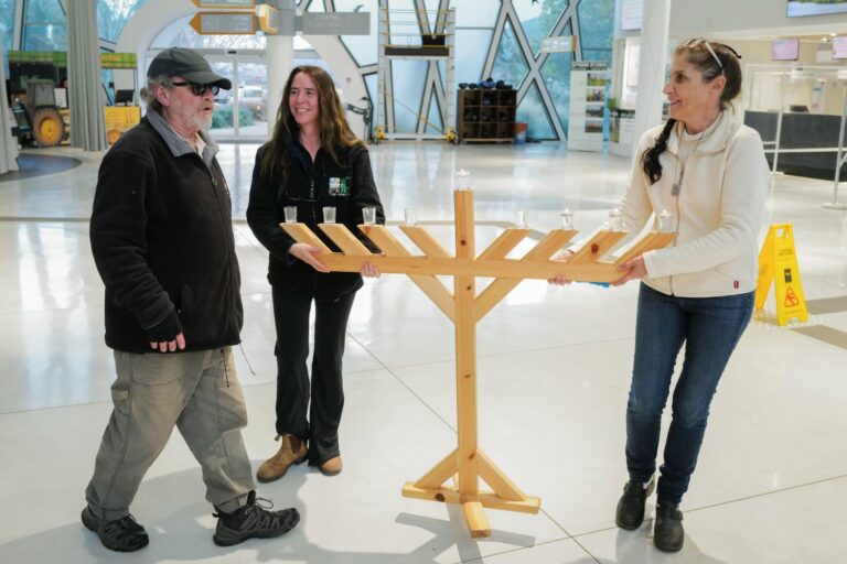 עובדים באגמון החולה בהדלקת נר שלישי (צילום: מיכאל גלעדי)