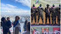 הבמה שהקים חמאס לחזרת החטופות עם הכתובות "הציונות לא תנצח" (ללא קרדיט), המרפסת של משפחת גליסמן (צילום: יהל פרג')
