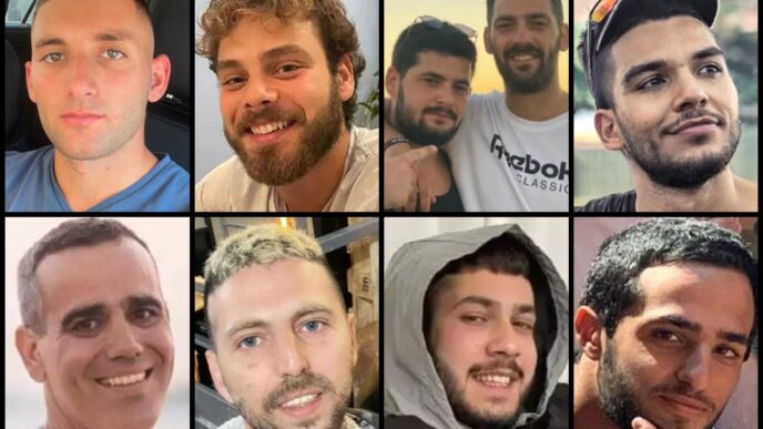 יוסף חיים אוחנה (למעלה מימין) גלי וזיו ברמן, אלון אהל ומתן אנגרסט, נמרוד כהן (מימין למטה), אליה כהן, אלקנה בוחבוט ועמרי מירן (צילום: מטה משפחות החטופים)