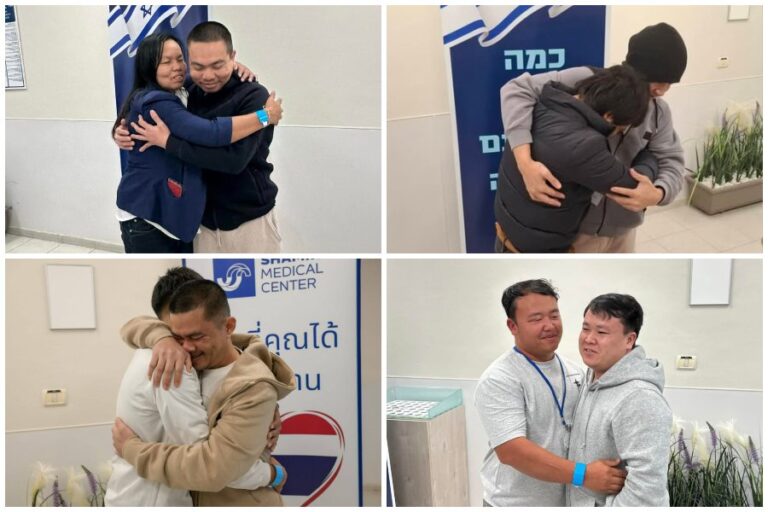 תושבי תאילנד ששוחררו מהשבי בעזה במפגש עם בני משפחותיהם בבית החולים אסף הרופא (צילומים: שגרירות תאילנד ומעיין טואף/לע"מ)