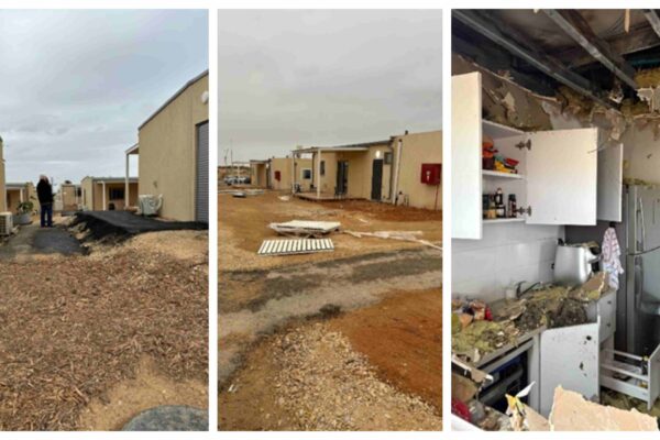 ליקויים במגורים זמניים של חברי קיבוץ בארי בחצרים. מימין – תכולת בית שנשרפה עקב קצר בחשמל; באמצע – מרחב ציבורי הסמוך לבתי מגורים; משמאל – פערי גובה בשטחים המשותפים (צילום: משרד מבקר המדינה)