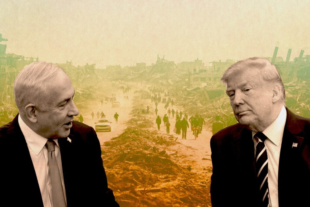 טראמפ ונתניהו על רקע תושבים ששבים לבתיהם החרבים ברצועת עזה (צילום: AP ופלאש90, עיבוד: דבר)