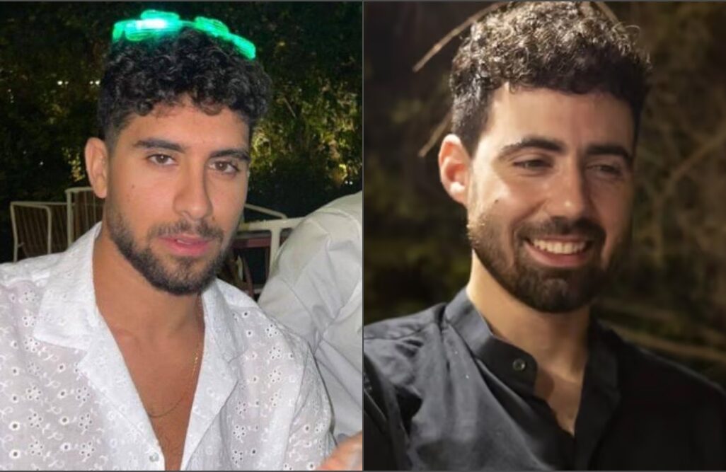 החטופים גיא גלבוע דלאל (מימין) ואביתר דוד, שהוצאו מהשבי לצפות בטקס השחרור של חבריהם (צילום: באדיבות המשפחות)