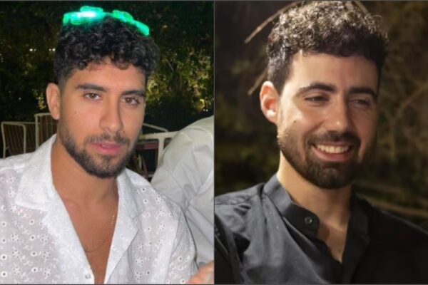 החטופים גיא גלבוע דלאל (מימין) ואביתר דוד, שהוצאו מהשבי לצפות בטקס השחרור של חבריהם (צילום: באדיבות המשפחות)
