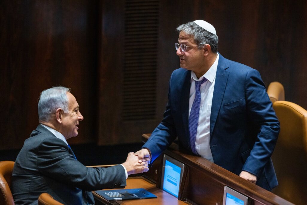 השר לביטחון לאומי איתמר בן גביר וראש הממשלה בנימין נתניהו (צילום: אוליבר פיטוסי, פלאש90)