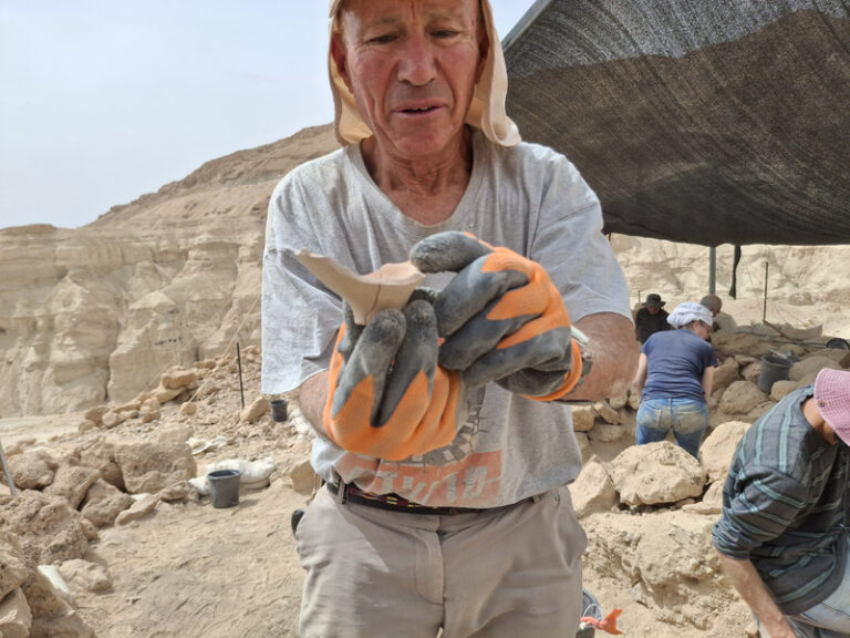 מייזלש מחבר שני שברי חרס שמצא. "מה שמעניין בחרסים הוא השפה, לפעמים גם הבסיס" (צילום: אמיתי פרץ)