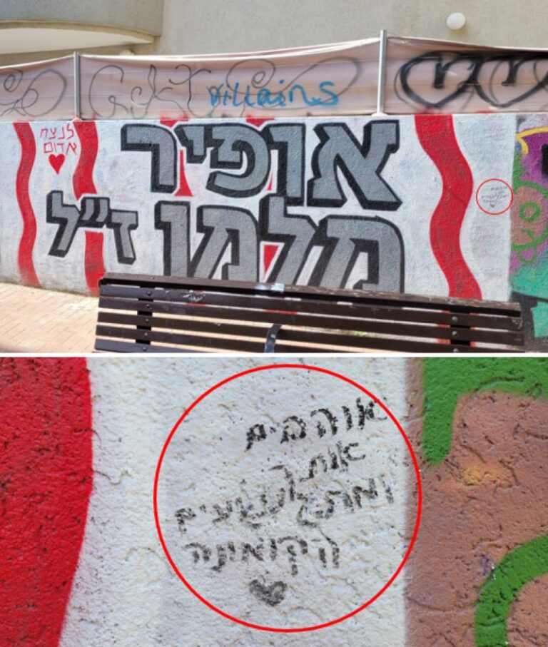 הקיר לזכרו של מלמן בתל אביב, והכתובת שנוספה (צילום: דבר)