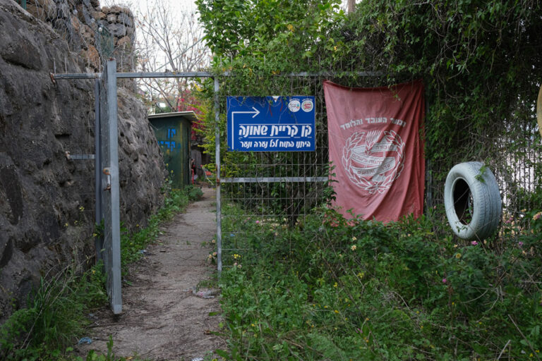 הכניסה לקן קריית שמונה. "זה הגיוני שטיפוח הגינה לא יהיה בראש סדר העדיפויות של גנני העירייה עכשיו" (צילום: דוד טברסקי)