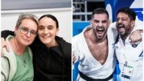 אורן סמדג'ה (מימין) עם חניכו פיטר פלצ'יק באולימפיאדת פריז 2024, ואמילי דמארי לצד אימה לאחר שחרורה מהשבי (צילום: הוועד האולימפי בישראל, דובר צה"ל)