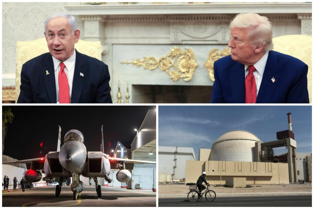 טראמפ ונתניהו בפגישתם, תחנת הכוח הגרעינית בבושהר ומטוס חיל האוויר בדרכו לתקיפה באיראן באוקטובר 2024 (צילום: AP)