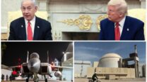 טראמפ ונתניהו בפגישתם, תחנת הכוח הגרעינית בבושהר ומטוס חיל האוויר בדרכו לתקיפה באיראן באוקטובר 2024 (צילום: AP)