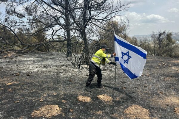 נהג כבאית בקק״ל רן נעים, מניף את דגל ישראל בלב השריפה בפארק קנדה (צילום: קק"ל)