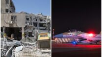 מטוס חיל האוויר בלחימה באיראן; בית בבני ברק שנפגע מטיל איראני (צילום: דובר צה"ל, פלאש90)