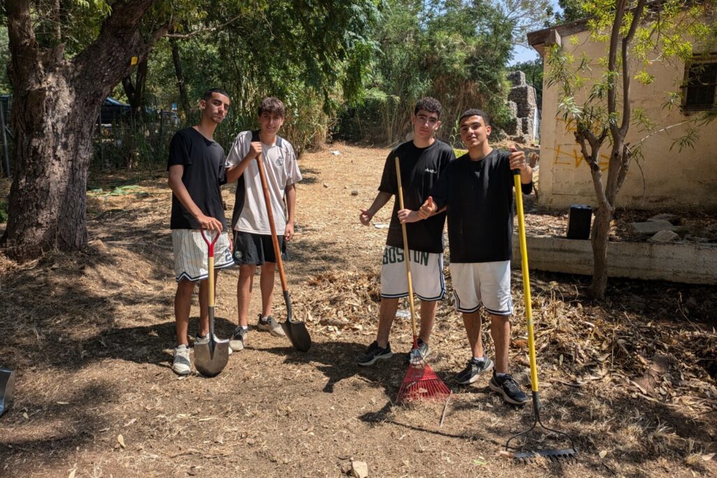 אוהד אפוטה (מימין), אוראל מדק, זיו טייב ואיתי לוקצקי מנכשים וגורפים עשבים (צילום: ניצן צבי כהן) אוהד אפוטה (מימין), אוראל מדק, זיו טייב ואיתי לוקצקי מנכשים וגורפים עשבים (צילום: ניצן צבי כהן)