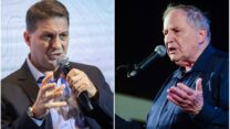 יו"ר ארגון המורים רן ארז (מימין) ויו"ר השלטון המקומי חיים ביבס (צילומים: אבשלום ששוני, יונתן זינדל/ פלאש90)