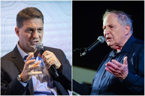 יו"ר ארגון המורים רן ארז (מימין) ויו"ר השלטון המקומי חיים ביבס (צילומים: אבשלום ששוני, יונתן זינדל/ פלאש90)