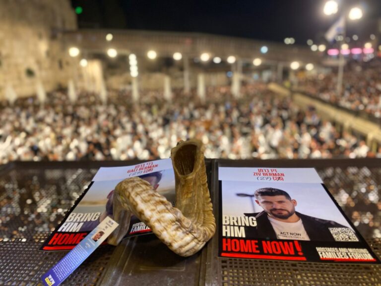 כרזות עם תמונותיהם של החטופים גלי וזיו ברמן, ולצידן שופר, במעמד הסליחות בכותל המערבי (צילום: יהל פרג')