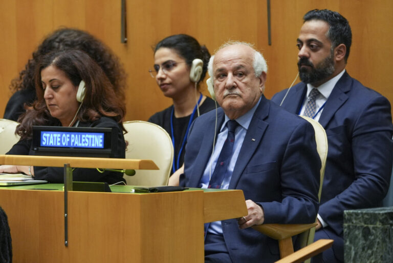 שגריר הרשות הפלסטינית באו"ם, ריאד מנסור, בישיבת העצרת הכללית של האו"ם בניו יורק (צילום: AP Photo/Angelina Katsanis)